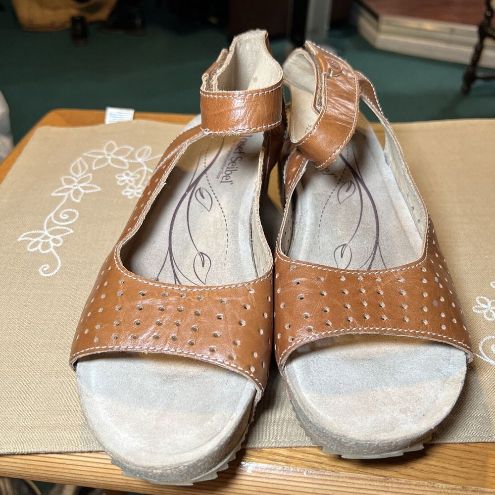 Josef Seibel Meike 05 Leather Kork Wedge Sandals‎ Women's 42/10 Camel Brown